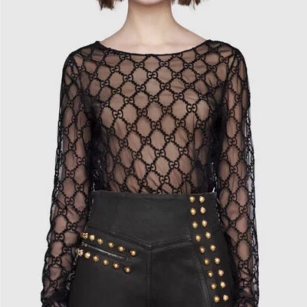 Gucci Black GG Embroidered Tulle Sheer Long Sleeve Crew Neck Top XS Retail $1750